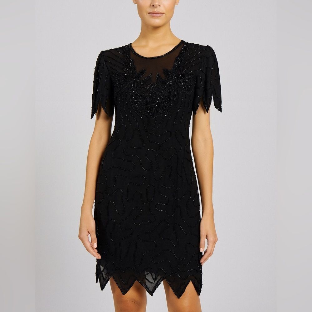 Laurence Kazar Silk Beaded Black Dress L Sequin Evening Cocktail Vintage